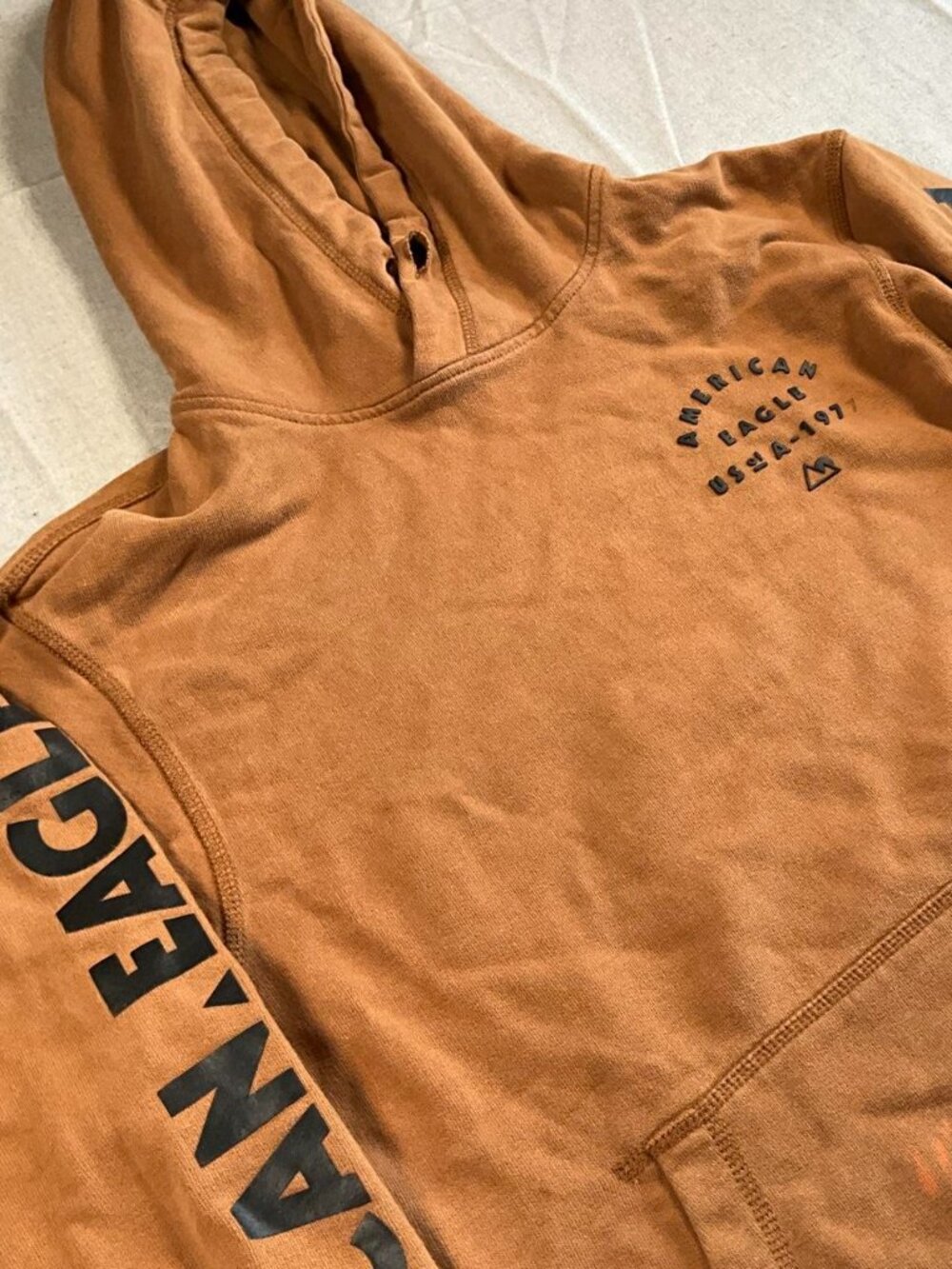 Mens American Eagle Sherpa Lined Brown Distressed Pullover Hoodie (XLarge)